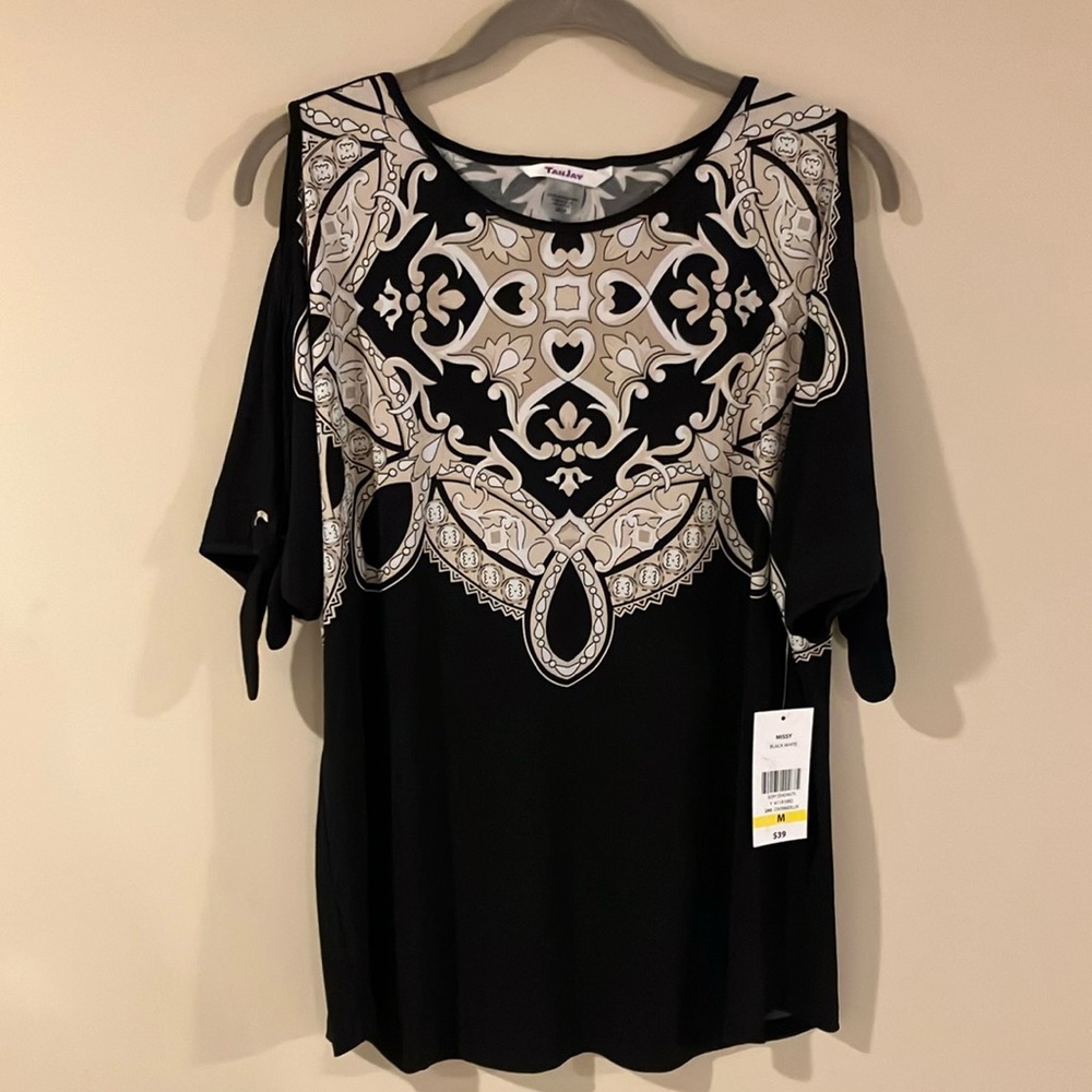 NWT TanJay Black and Cream Patterned Cold-Shoulder Blouse